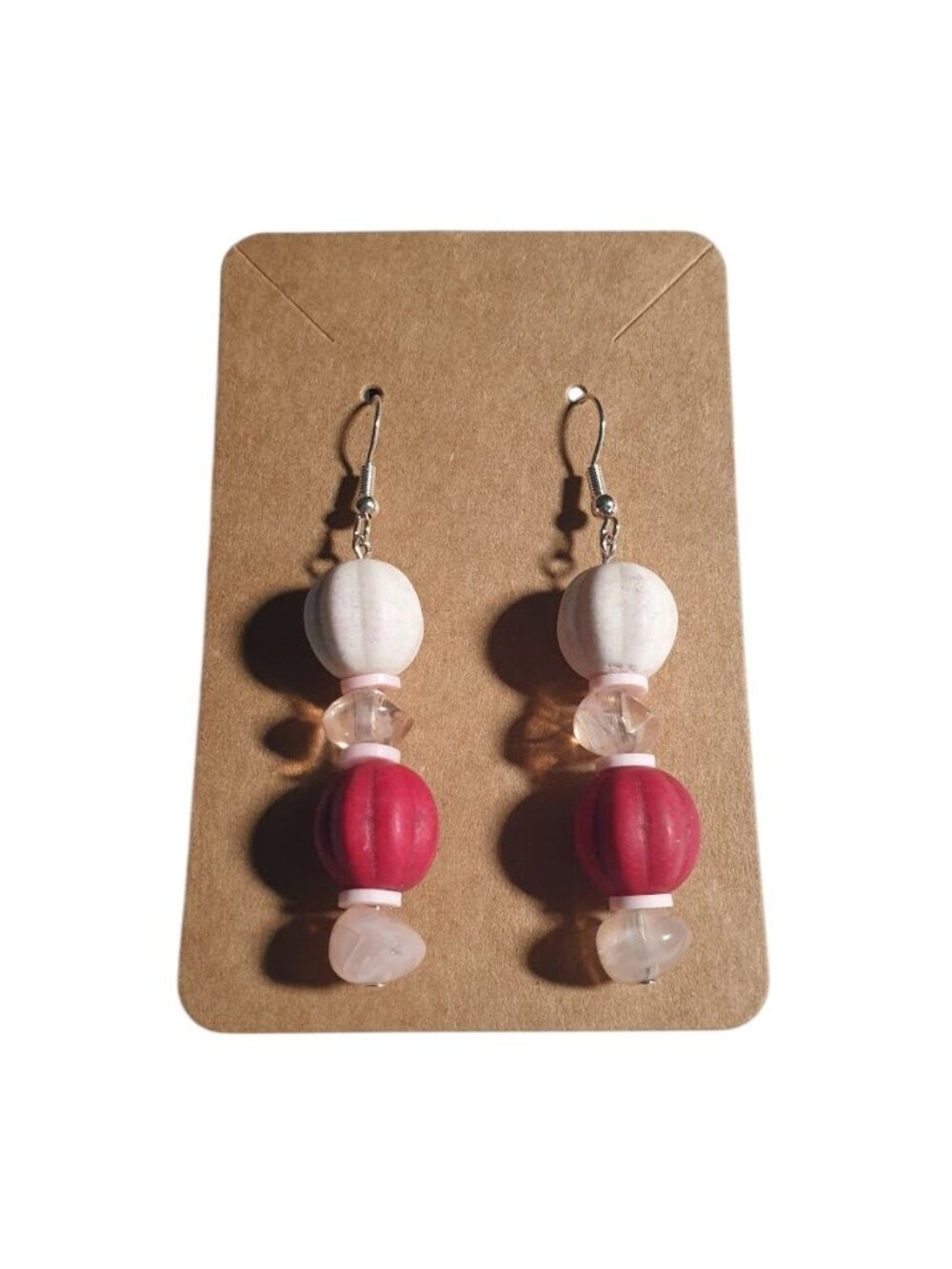 Handmade Dangle Earrings White Pink Beads Rose Quartz Lightweight Hook Gift